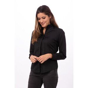 Chef Works Womens Banded Collar Shirt Sz S Black Server Hospitality Long Sleeve